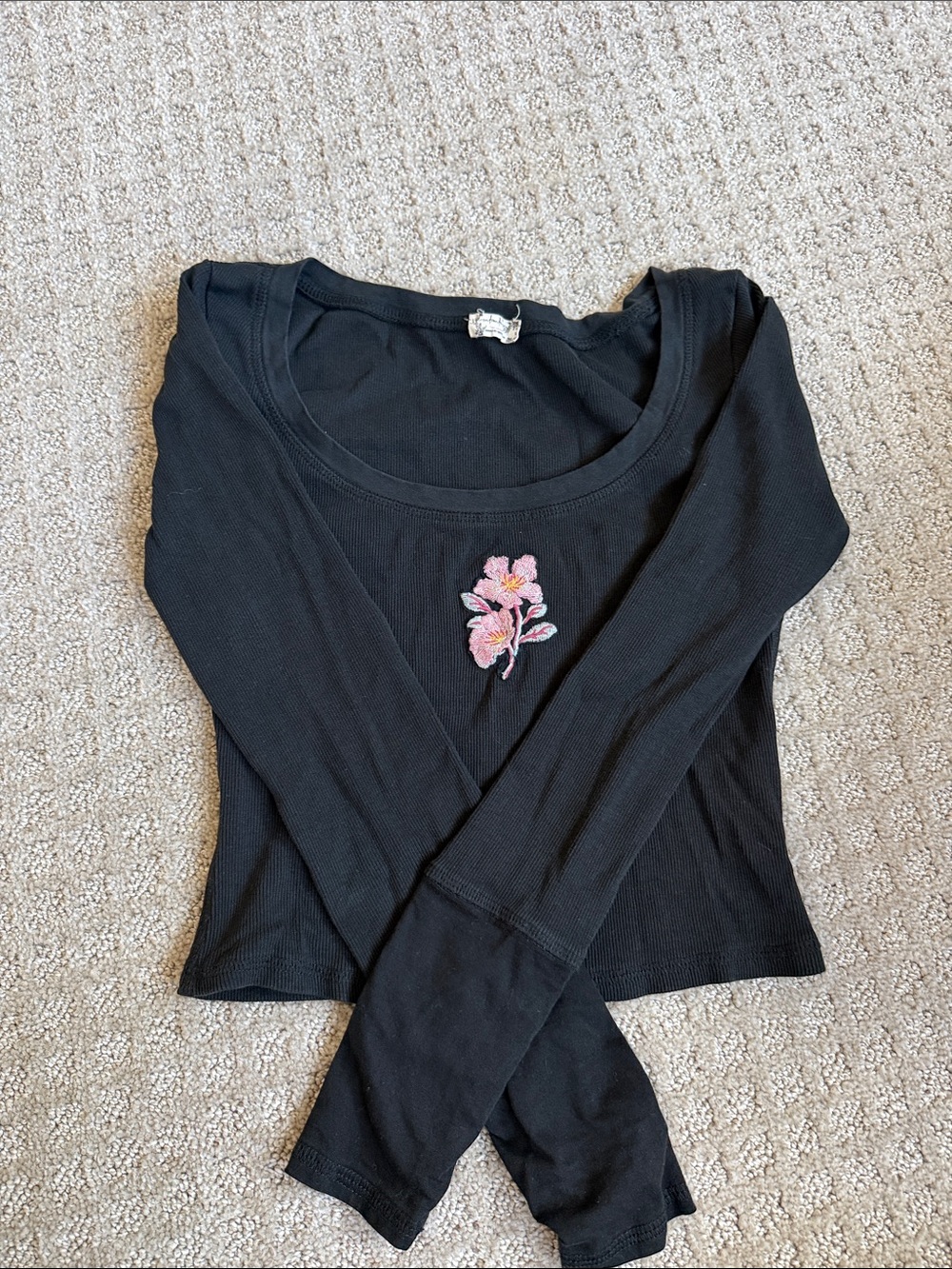 Free People Black Long Sleeve Top with Pink Floral Patch